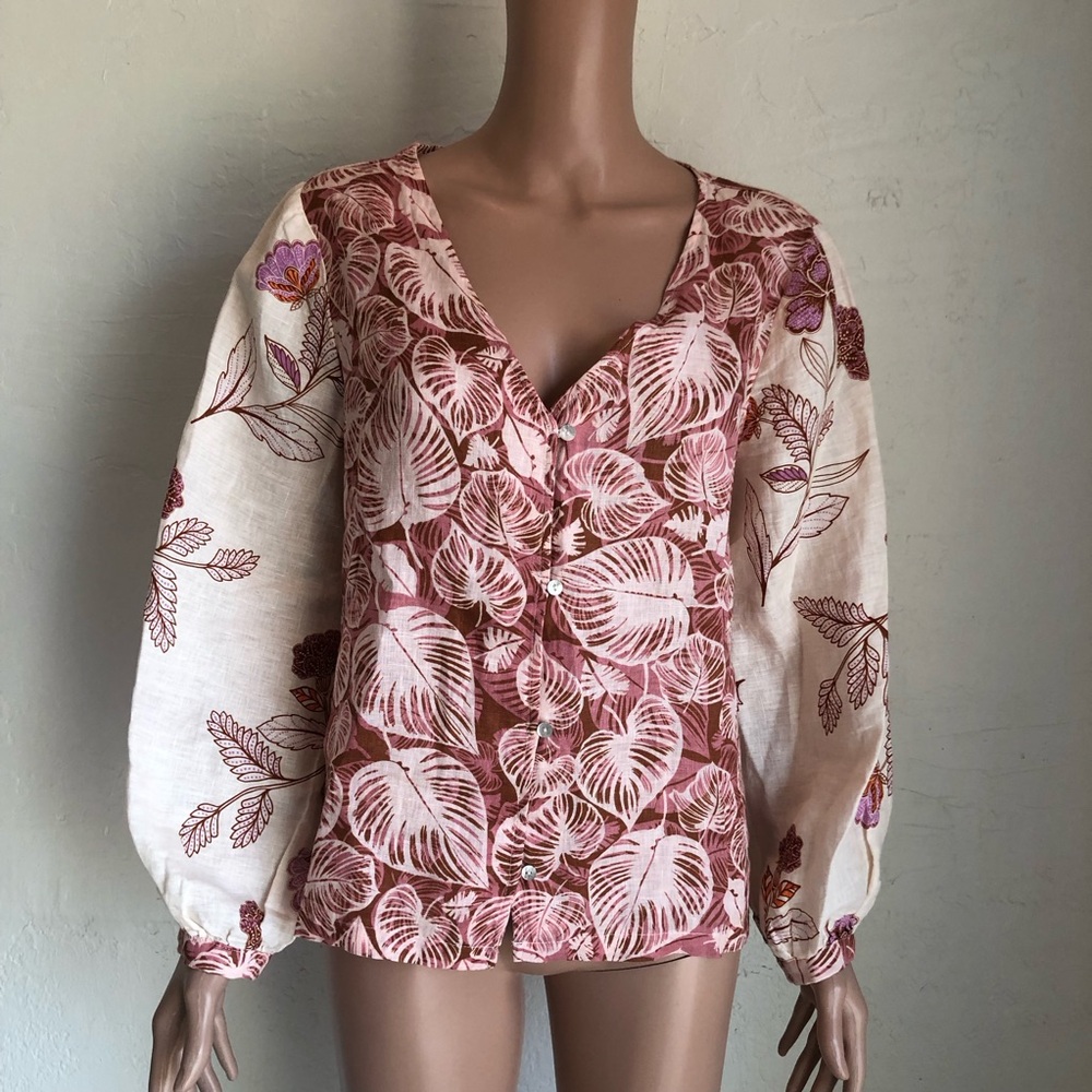 Tahari Tropical Floral 100% Linen Blouse Women’s Size L Bohemian Style Shirt Top